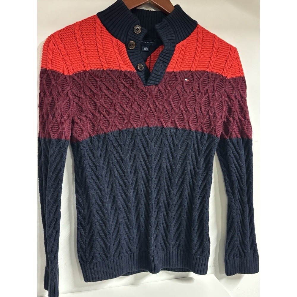 Tommy Hilfiger Boys Colorblock Cable-Knit Mock Neck Button Pullover Sweater L